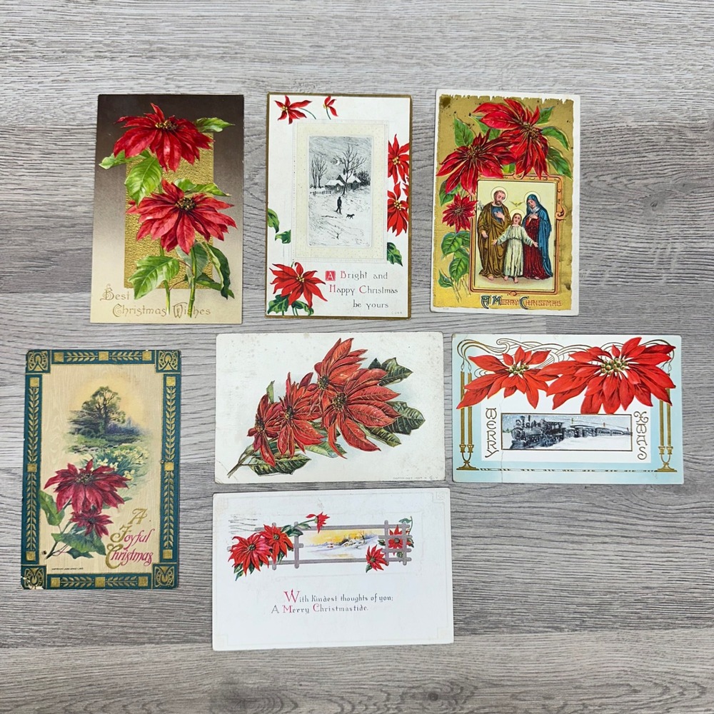 Christmas Vintage Postcard Lot 7 Red Antique Poinsettia Ephemera Holiday